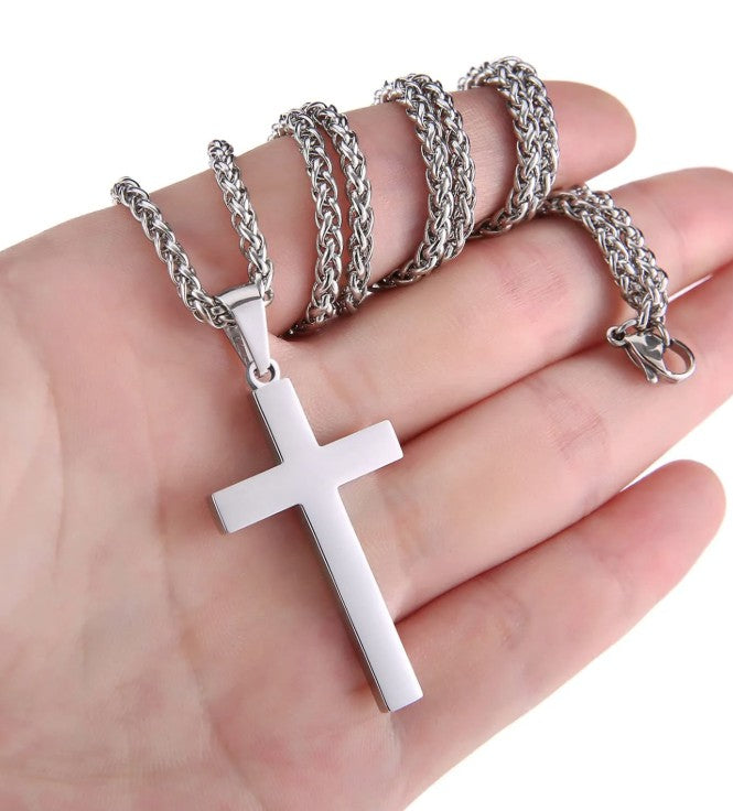 Classic Cross Pendant Necklace — Stainless Steel with Wheat Chain