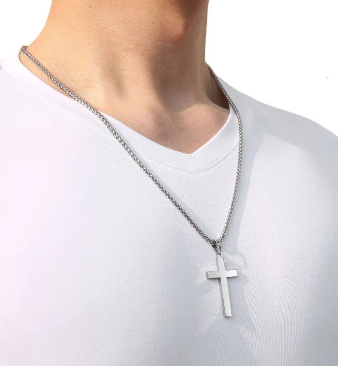 Classic Cross Pendant Necklace — Stainless Steel with Wheat Chain