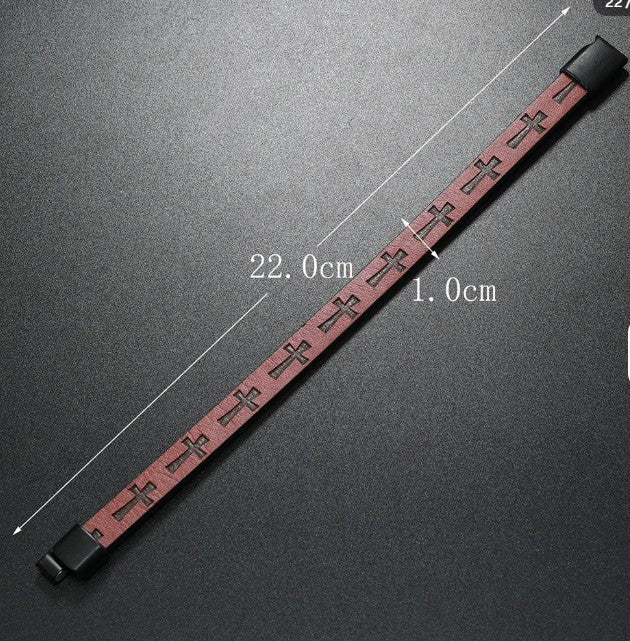 Burgundy leather strap with black decorative patterns on a gray background, showing measurements.