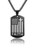 Black dog tag necklace with American flag and cross design on a white background