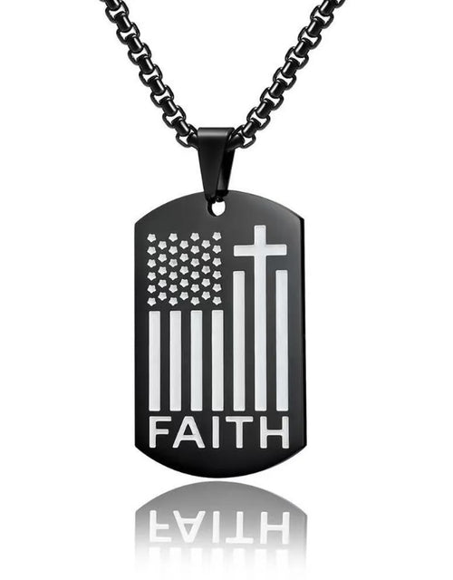 Black dog tag necklace with American flag and cross design on a white background