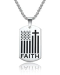 Dog tag necklace with American flag and cross design on a white background