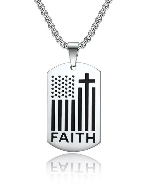 Dog tag necklace with American flag and cross design on a white background
