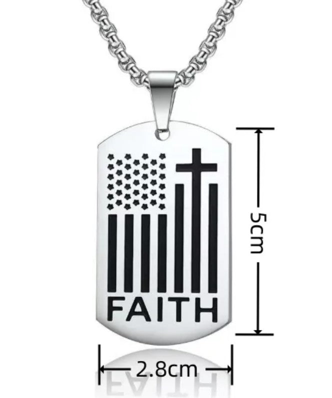 Dog tag necklace with American flag and cross design, featuring the word 'FAITH'.