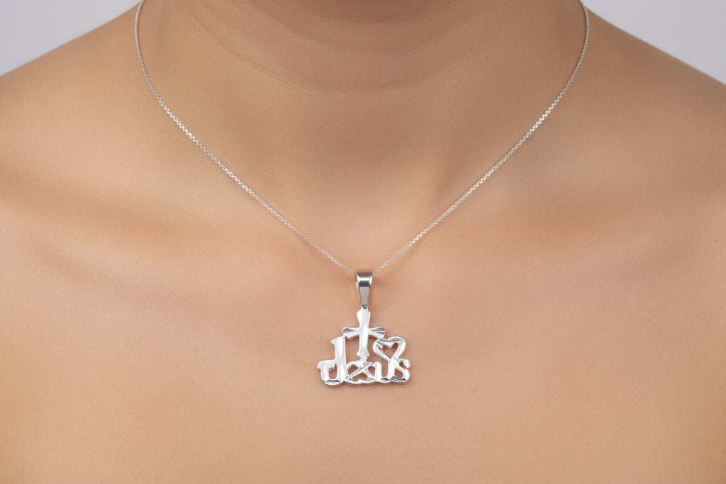 Silver I Love Jesus pendant worn by a woman