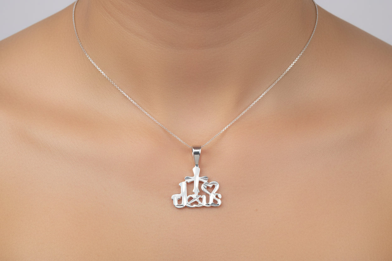 Silver I Love Jesus pendant worn by a woman