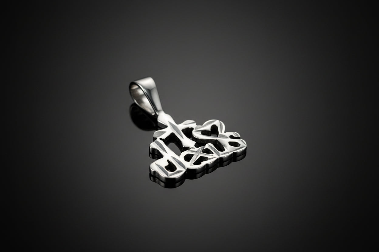 Silver I Love Jesus pendant on a light gray background