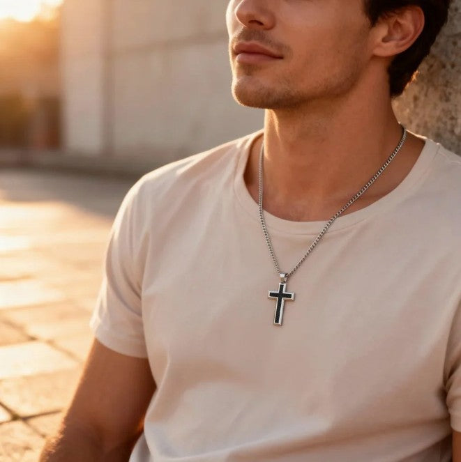 Man wearing a necklace with a cross pendant outdoors