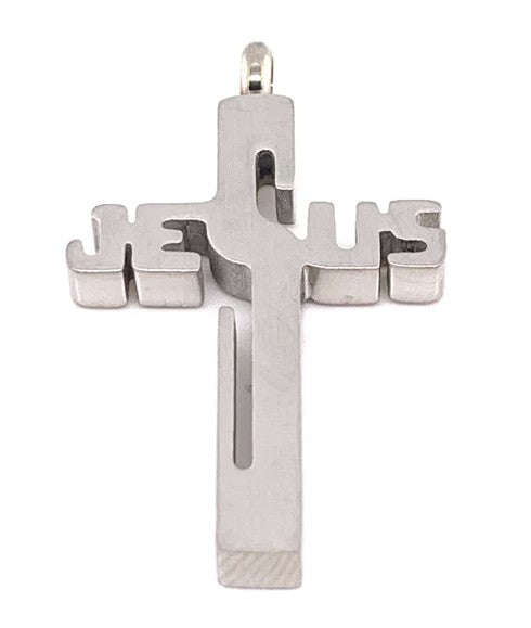 Silver cross pendant with 'JESUS' engraved on a white background