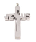 Silver cross pendant with 'JESUS' engraved on a white background