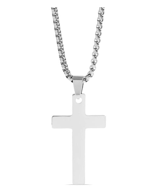 Silver cross pendant necklace on a white background