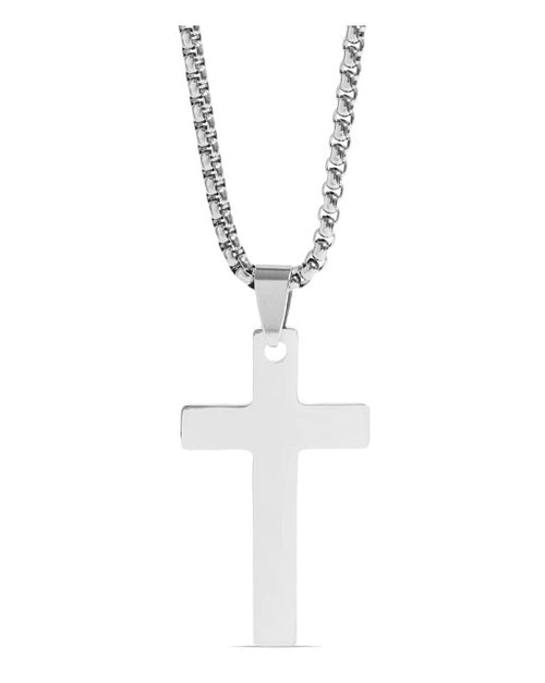Silver cross pendant necklace on a white background