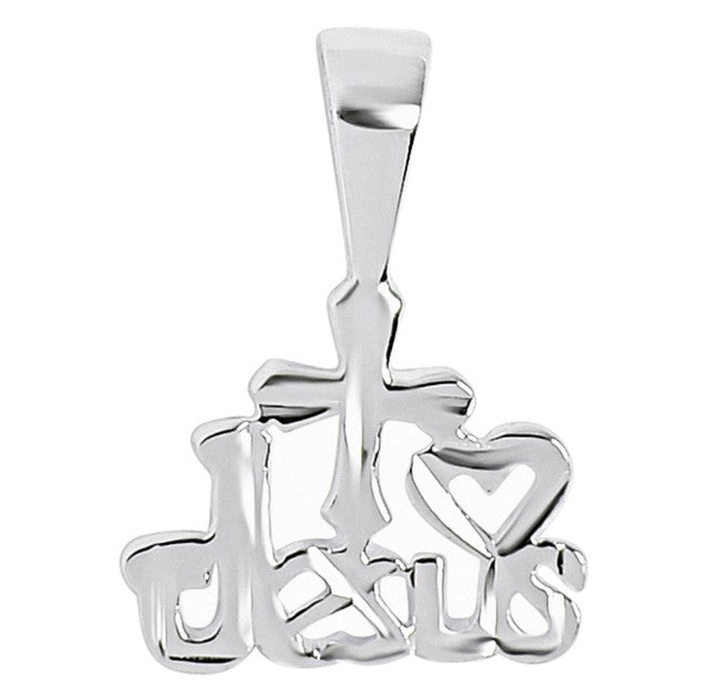 Silver pendant with I love Jesus and heart design on a white background