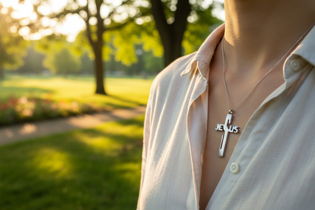 Person wearing a necklace with a 'Jesus' pendant in a park setting